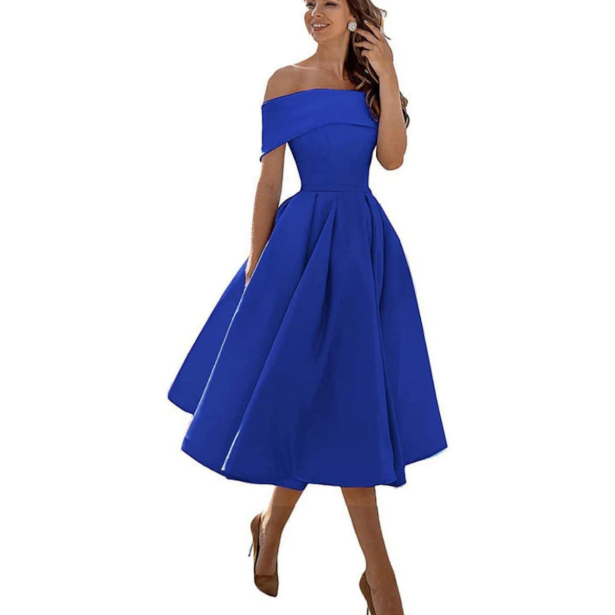 Elegante vestido midi de fiesta y de invitada de boda con hombros descubiertos | Midi