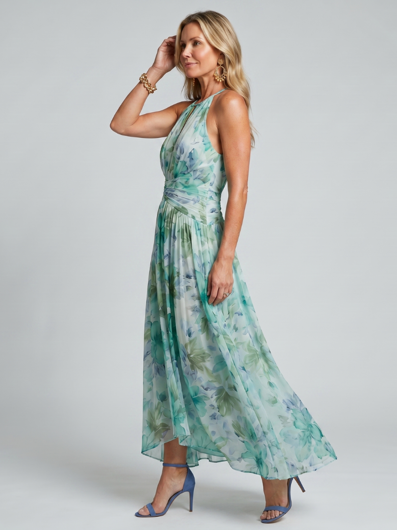 Portia | Vestido Midi Halter Plisado con Estampado Floral Suave