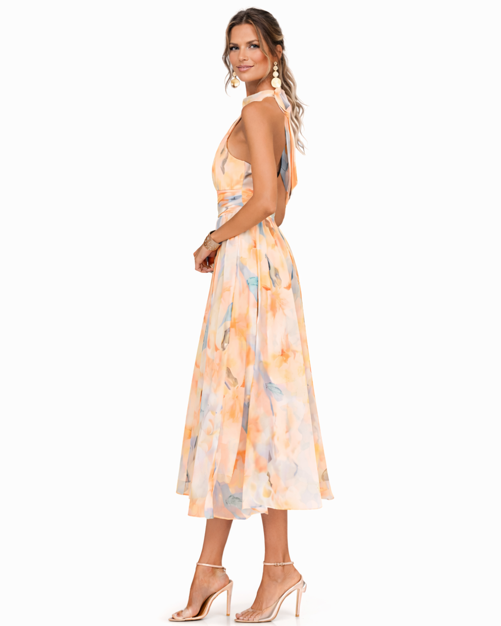 Elegante vestido largo de fiesta y de invitada de boda con cuello halter y estampado de acuarela | Maxi