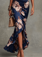 Odalys | Vestido Largo Asimétrico con Escote en V, Mangas Abullonadas Acampanadas y Estampado Floral