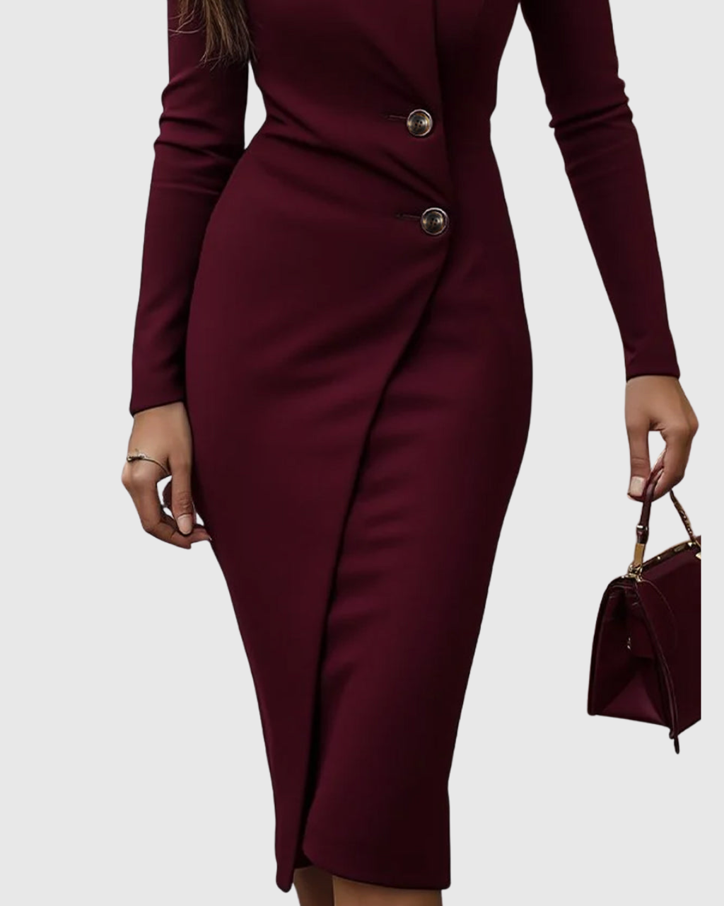 Elegante vestido midi cruzado de invitada de boda con botones y manga larga | Midi