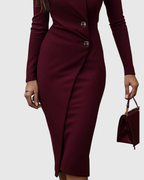 Elegante vestido midi cruzado de invitada de boda con botones y manga larga | Midi