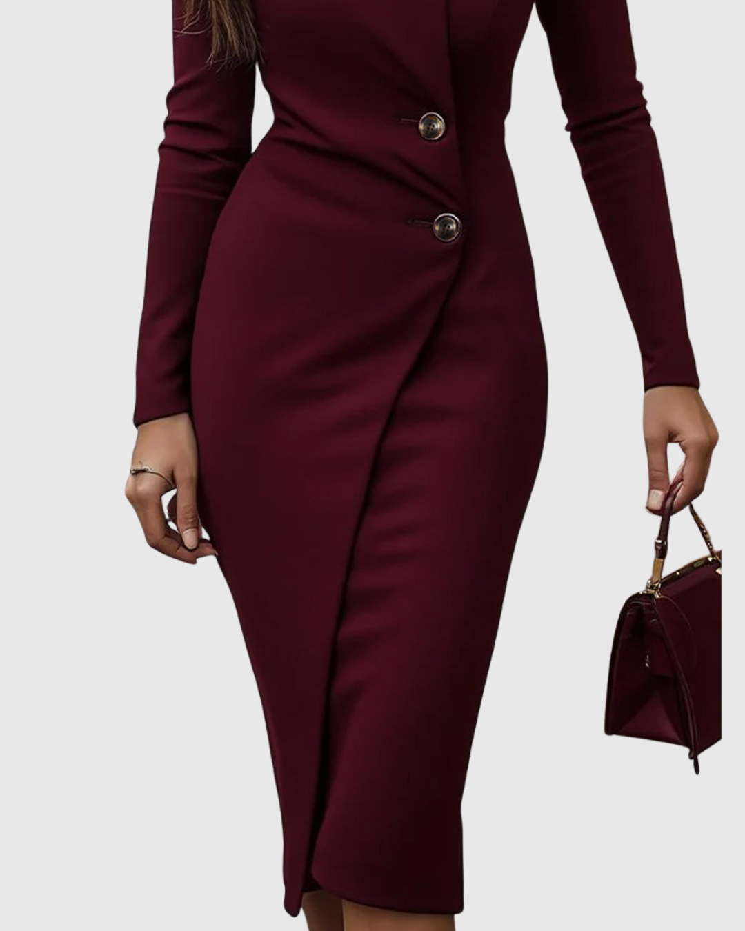 Elegante vestido midi cruzado de invitada de boda con botones y manga larga | Midi