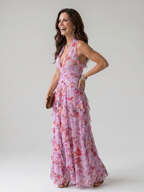 Nori | Vestido Maxi Halter con Cuerpo Fruncido y Estampado Floral
