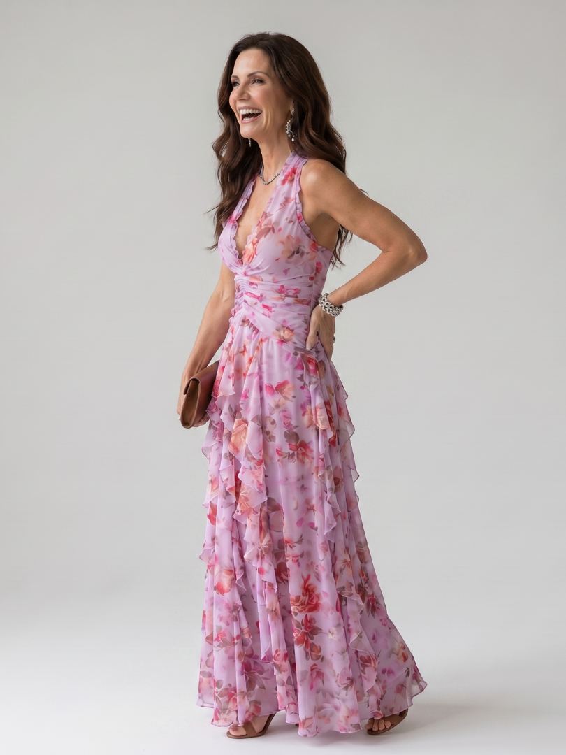 Nori | Vestido Maxi Halter con Cuerpo Fruncido y Estampado Floral