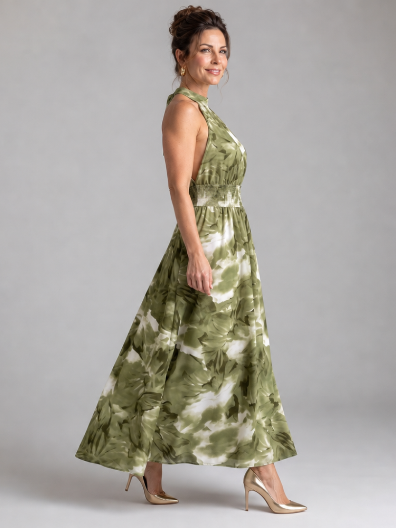 Olivia | Vestido Midi Estampado Abstracto con Cintura Fruncida