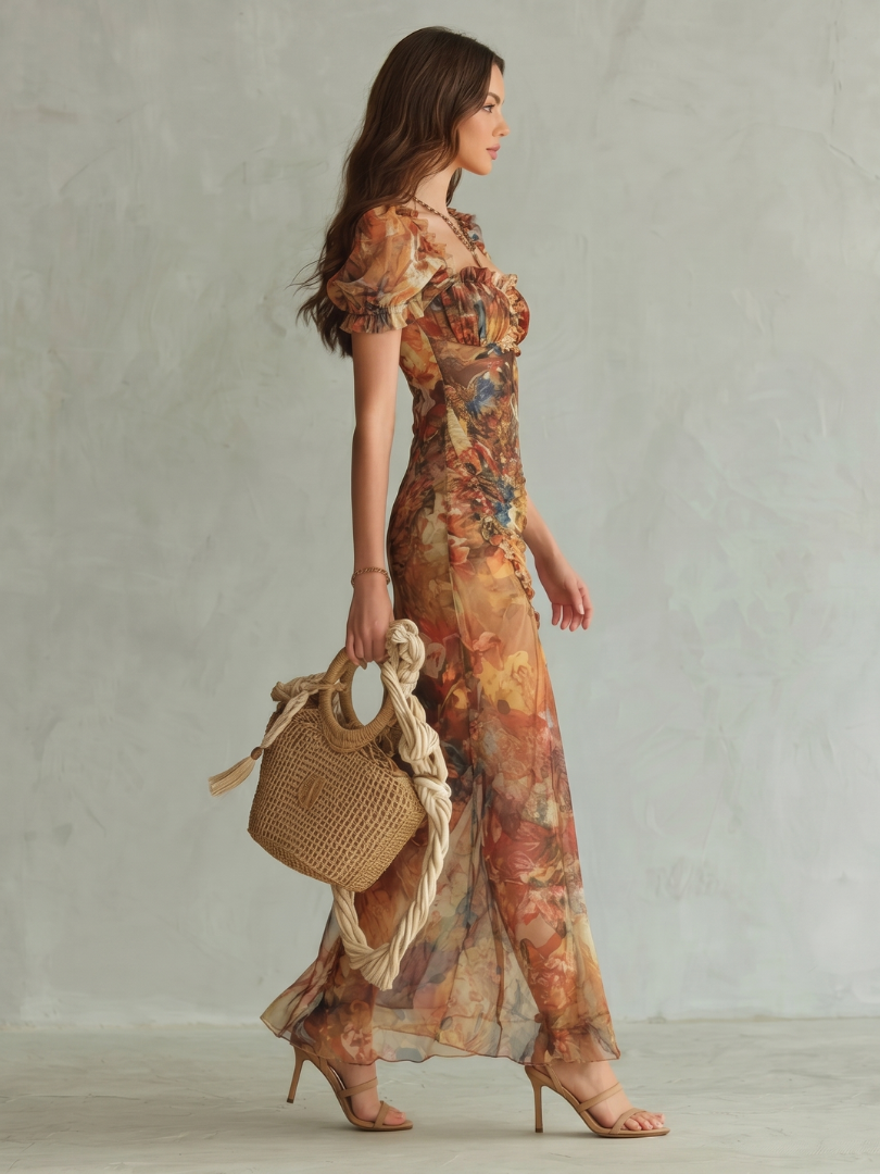 Ciel | Vestido Midi Fruncido con Abertura y Mangas de Volantes