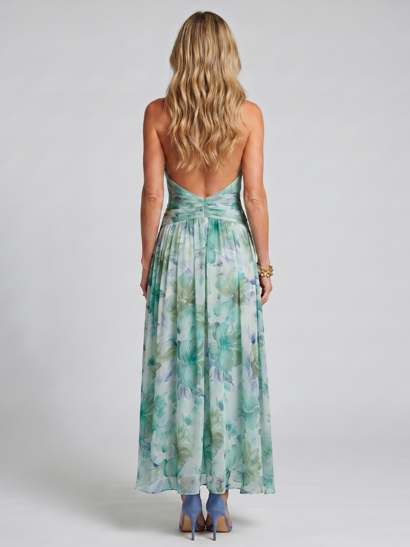 Portia | Vestido Midi Halter Plisado con Estampado Floral Suave