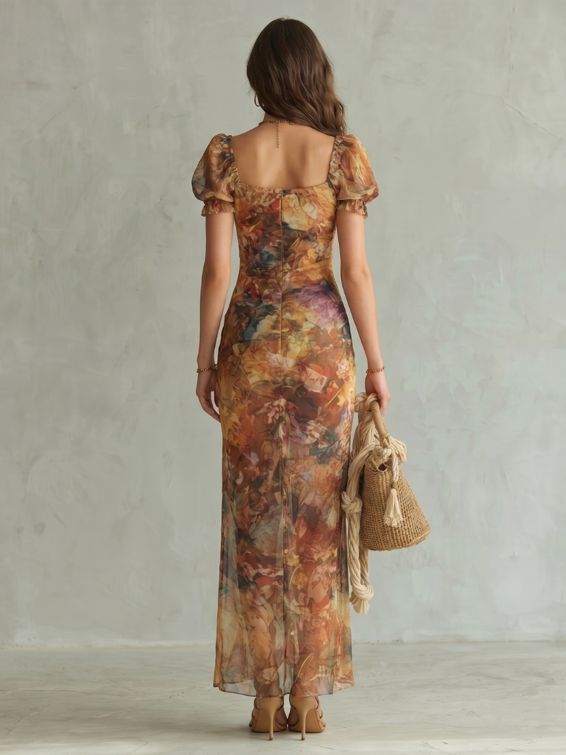 Ciel | Vestido Midi Fruncido con Abertura y Mangas de Volantes