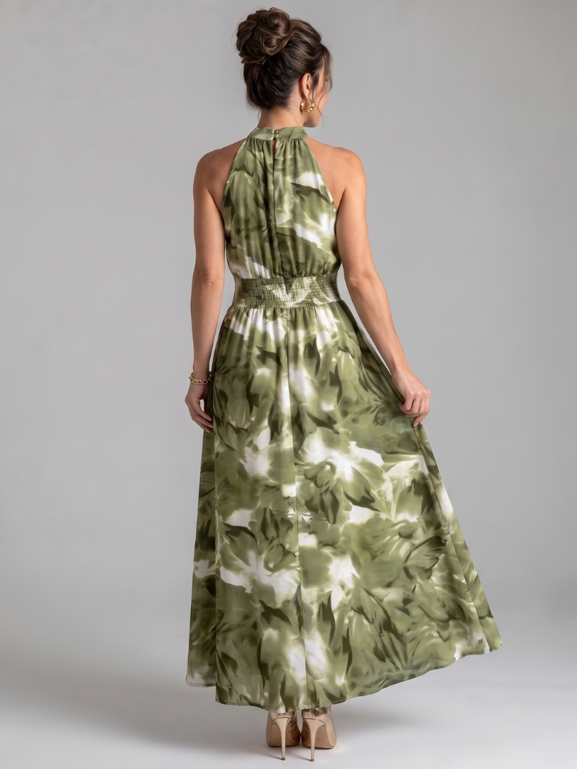 Olivia | Vestido Midi Estampado Abstracto con Cintura Fruncida