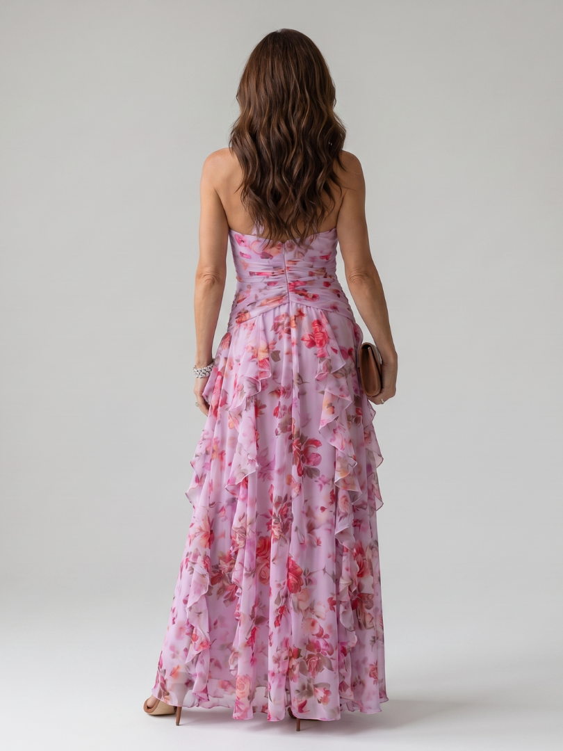 Nori | Vestido Maxi Halter con Cuerpo Fruncido y Estampado Floral