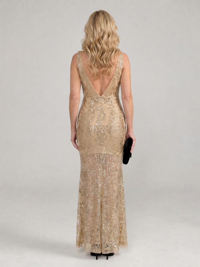 Sirea | Vestido Midi con Lentejuelas, Paneles Transparentes y Sin Mangas