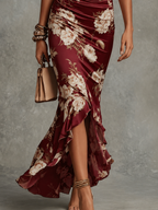 Serafina | Vestido Largo Asimétrico con Escote en V, Mangas Abullonadas Acampanadas y Estampado Floral