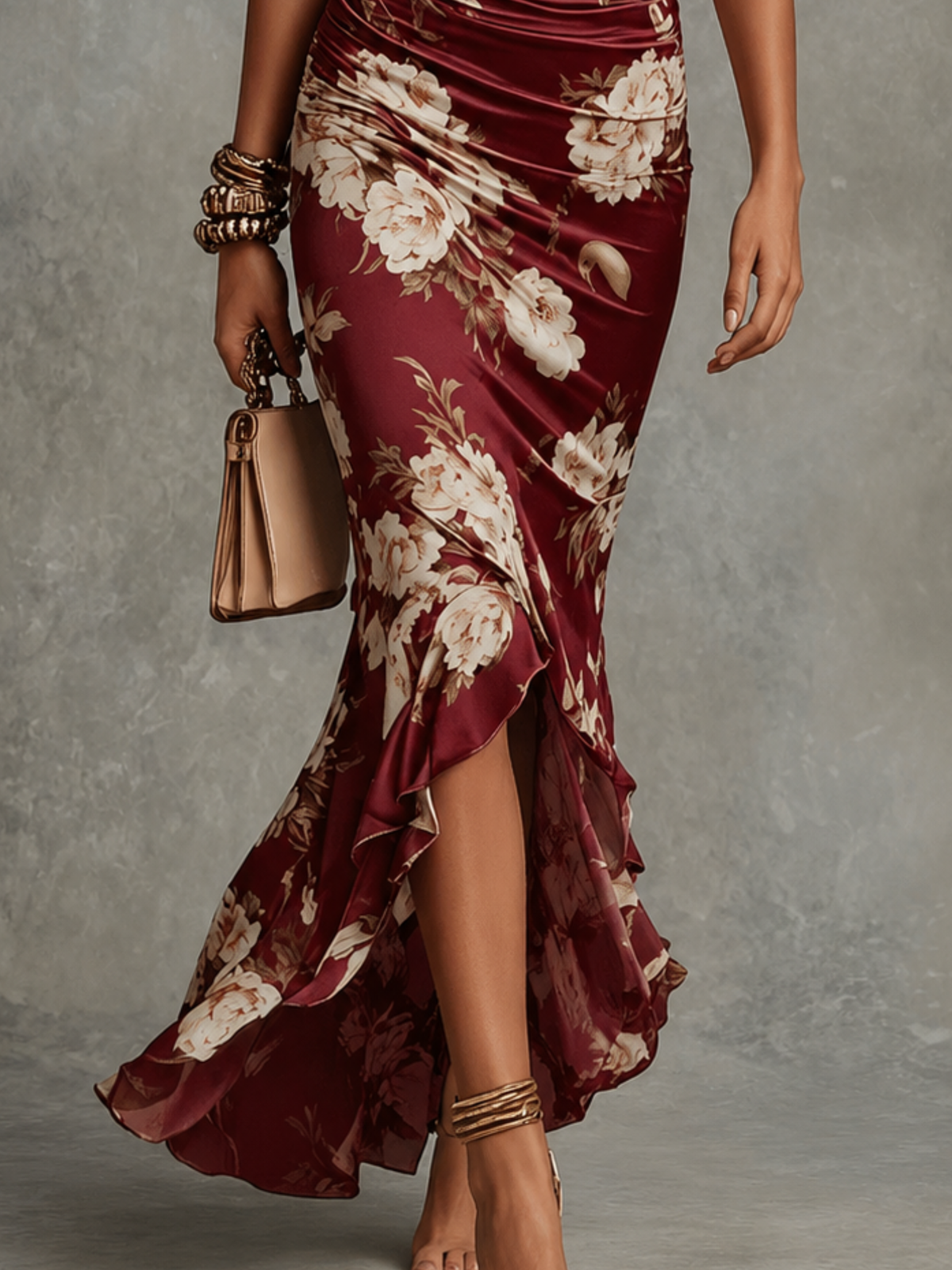 Serafina | Vestido Largo Asimétrico con Escote en V, Mangas Abullonadas Acampanadas y Estampado Floral