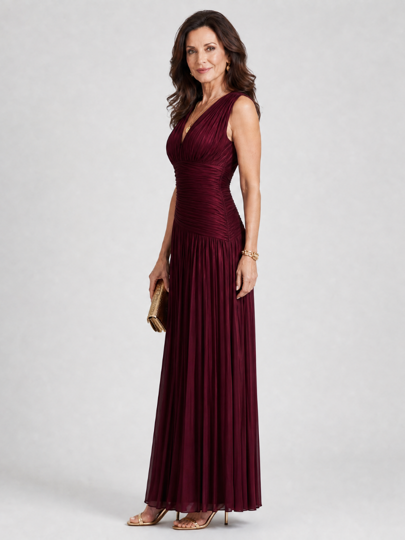 Lemar | Vestido Midi Plisado con Escote en V y Sin Mangas
