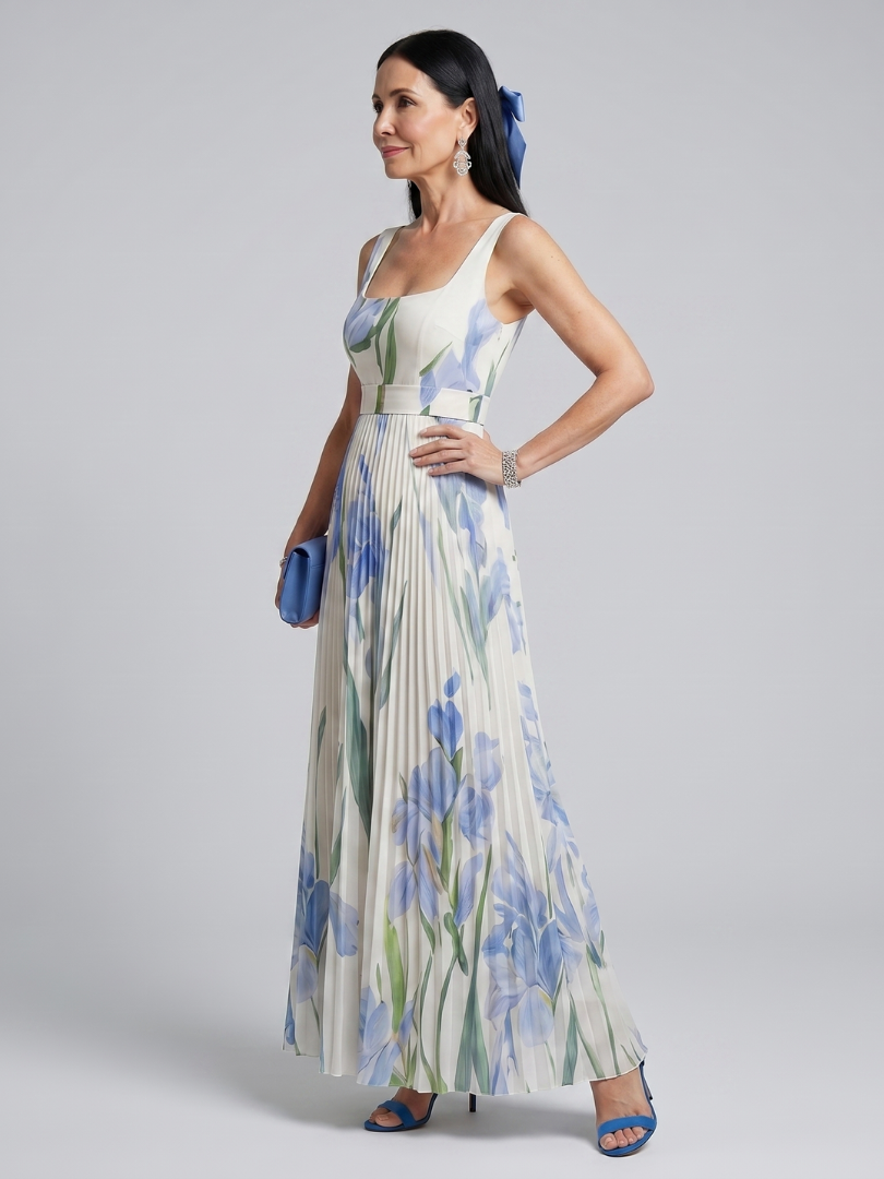 Ophelia | Vestido Midi Estampado Floral con Escote Cuadrado y Sin Mangas