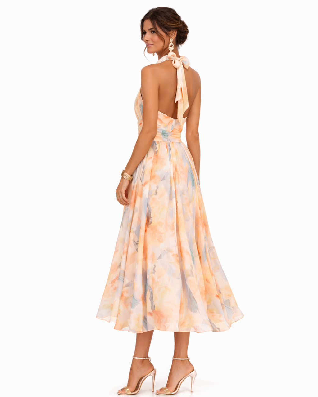 Elegante vestido largo de fiesta y de invitada de boda con cuello halter y estampado de acuarela | Maxi