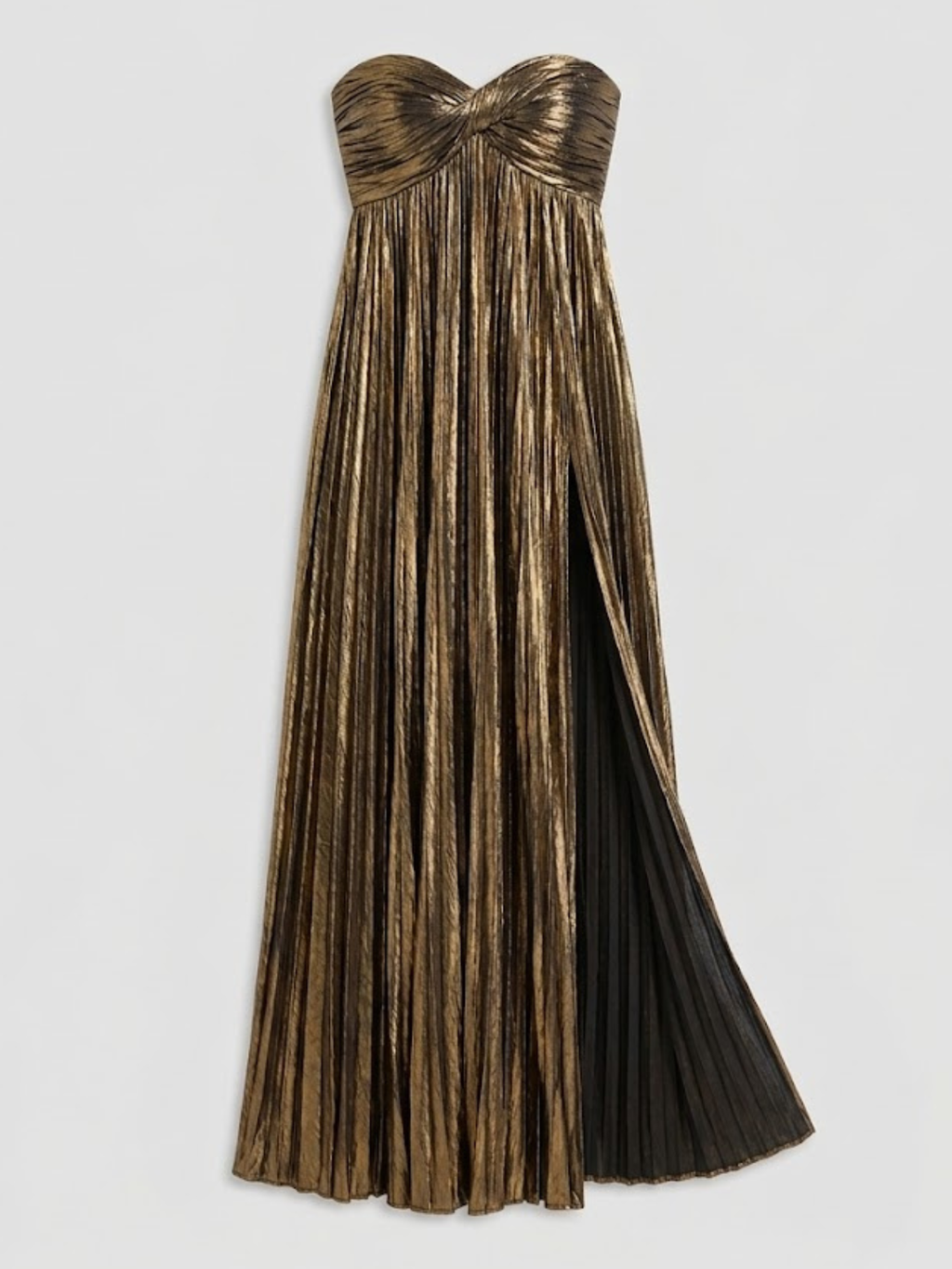 Elegante vestido largo palabra de honor de invitada de boda plisado con abertura alta | Maxi