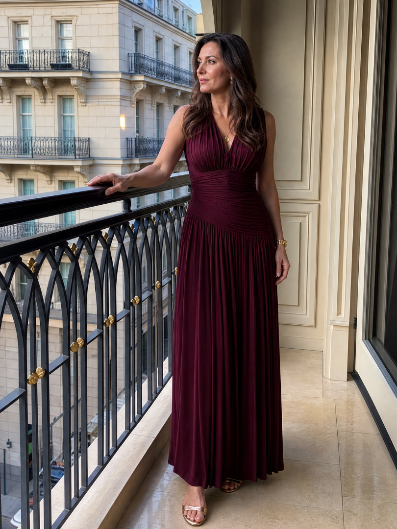Lemar | Vestido Midi Plisado con Escote en V y Sin Mangas