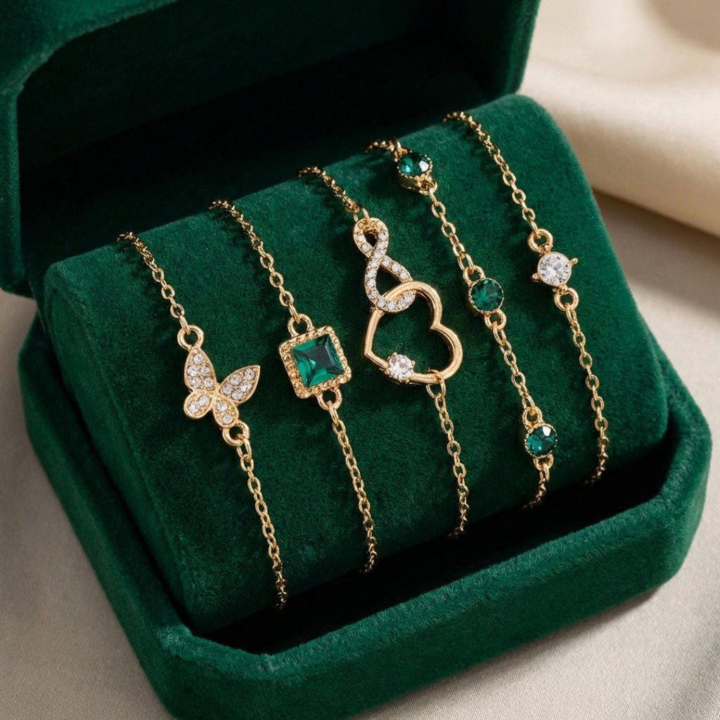 Set de Pulseras con Corazón Hueco y Piedra de Cristal Verde