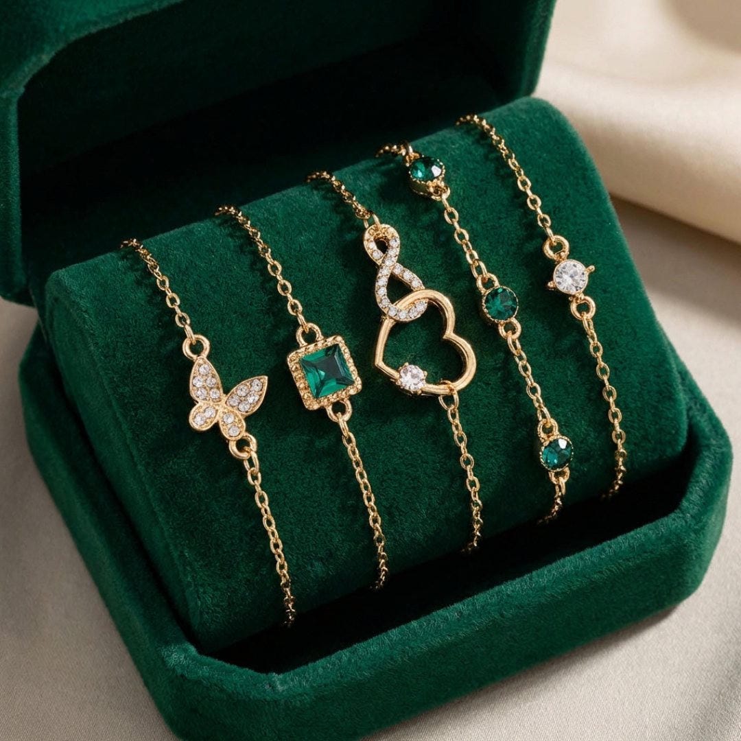 Set de Pulseras con Corazón Hueco y Piedra de Cristal Verde