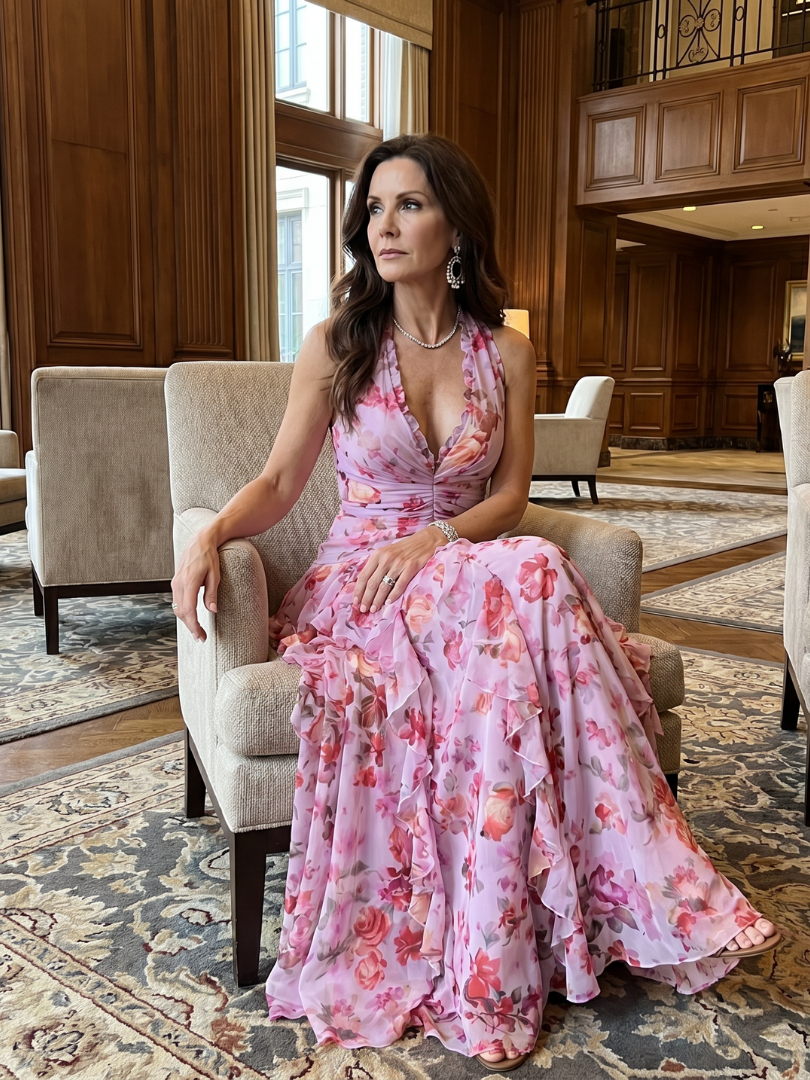 Nori | Vestido Maxi Halter con Cuerpo Fruncido y Estampado Floral