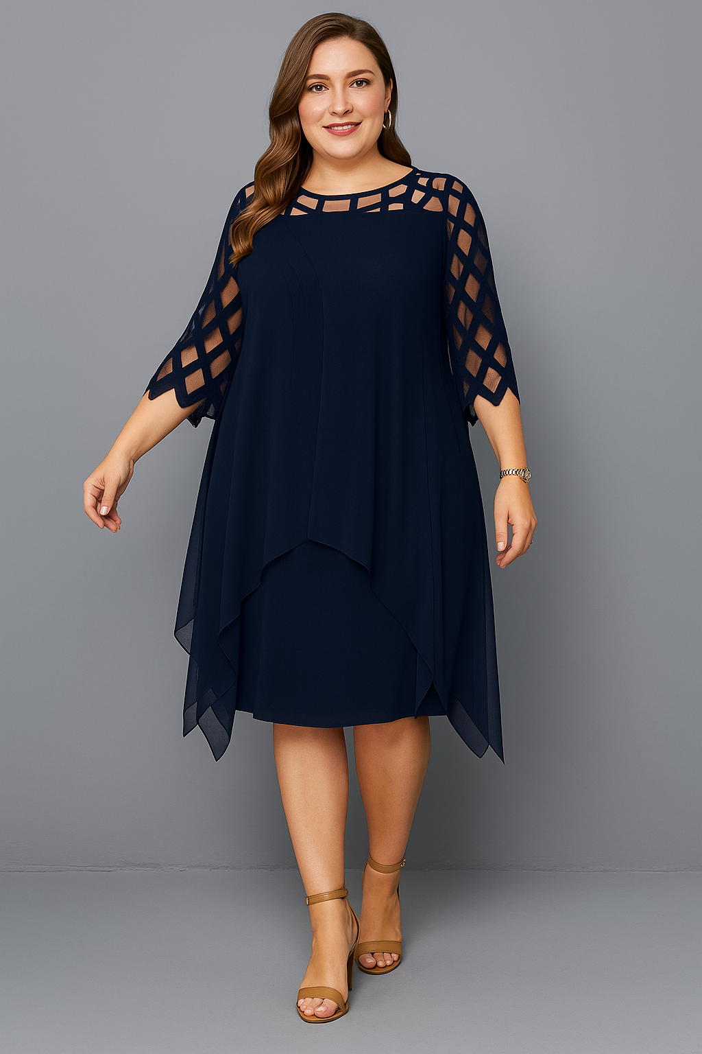 Evelyn™ | Vestido Elegante con Mangas de Encaje y Efecto Disimulador de Tripa