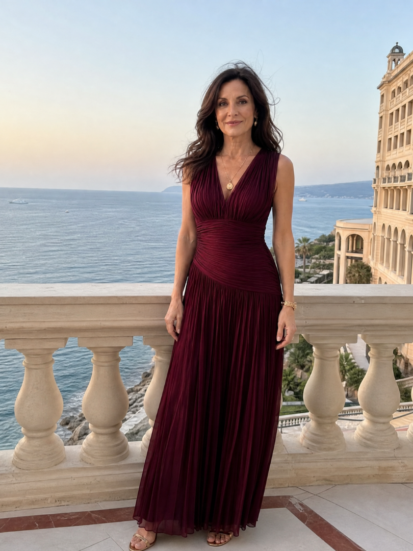 Lemar | Vestido Midi Plisado con Escote en V y Sin Mangas