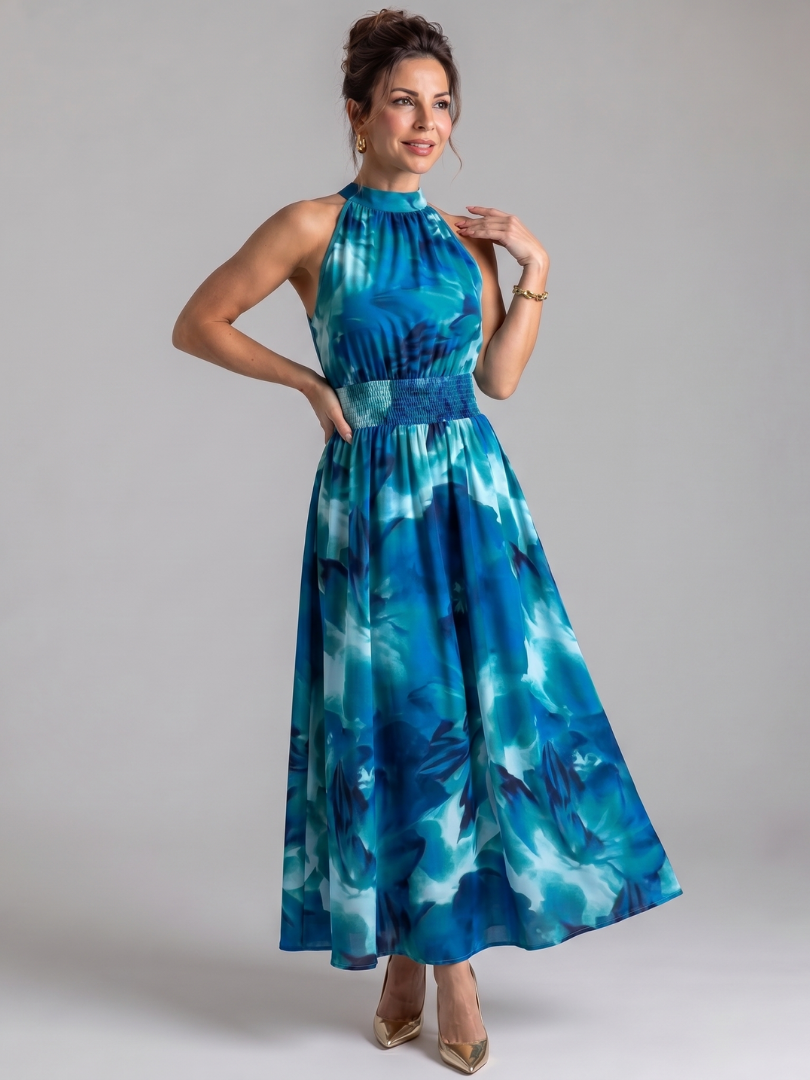 Olivia | Vestido Midi Estampado Abstracto con Cintura Fruncida