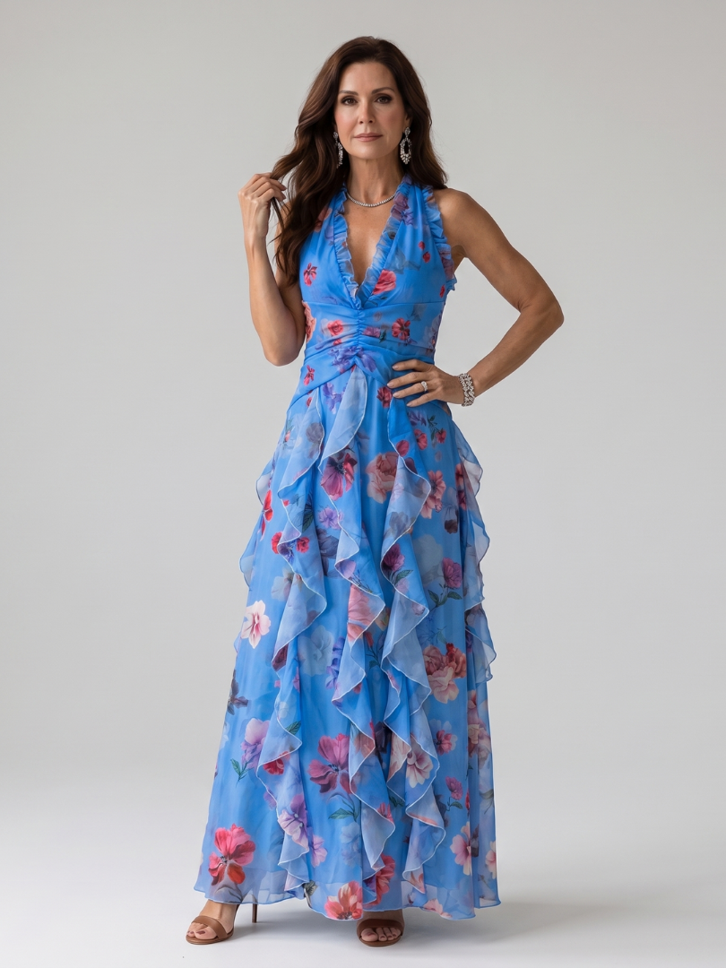 Nori | Vestido Maxi Halter con Cuerpo Fruncido y Estampado Floral