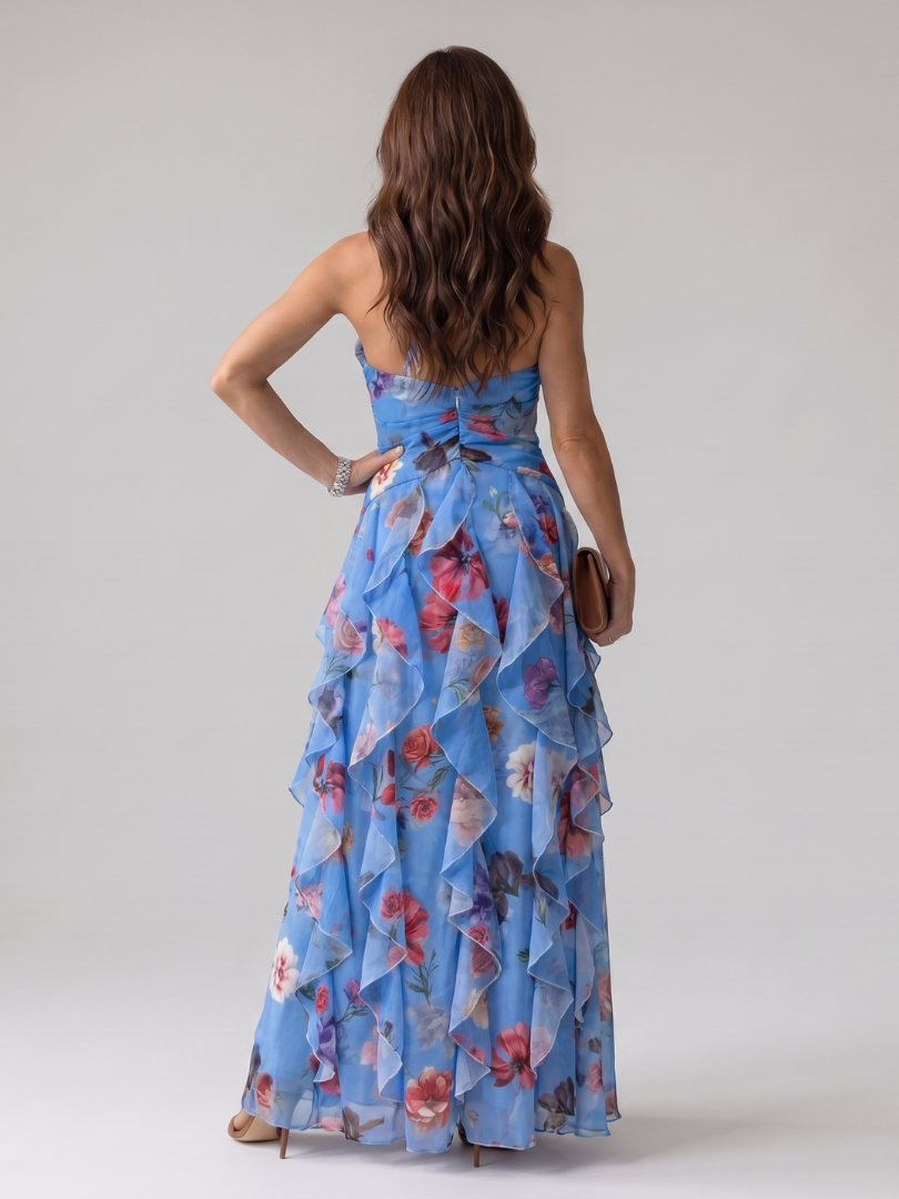 Nori | Vestido Maxi Halter con Cuerpo Fruncido y Estampado Floral