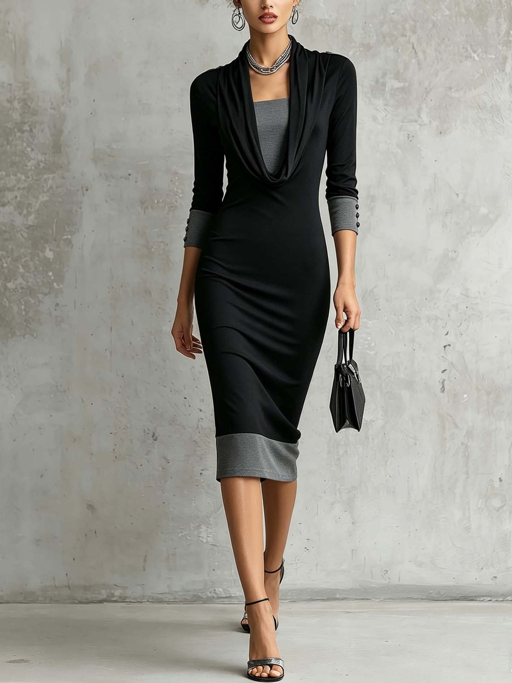 Vestido midi negro y gris de piel sintética, de dos piezas, con escote drapeado y silueta entallada