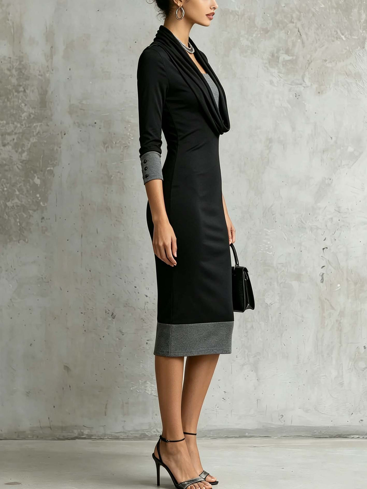 Vestido midi negro y gris de piel sintética, de dos piezas, con escote drapeado y silueta entallada