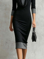 Vestido midi negro y gris de piel sintética, de dos piezas, con escote drapeado y silueta entallada