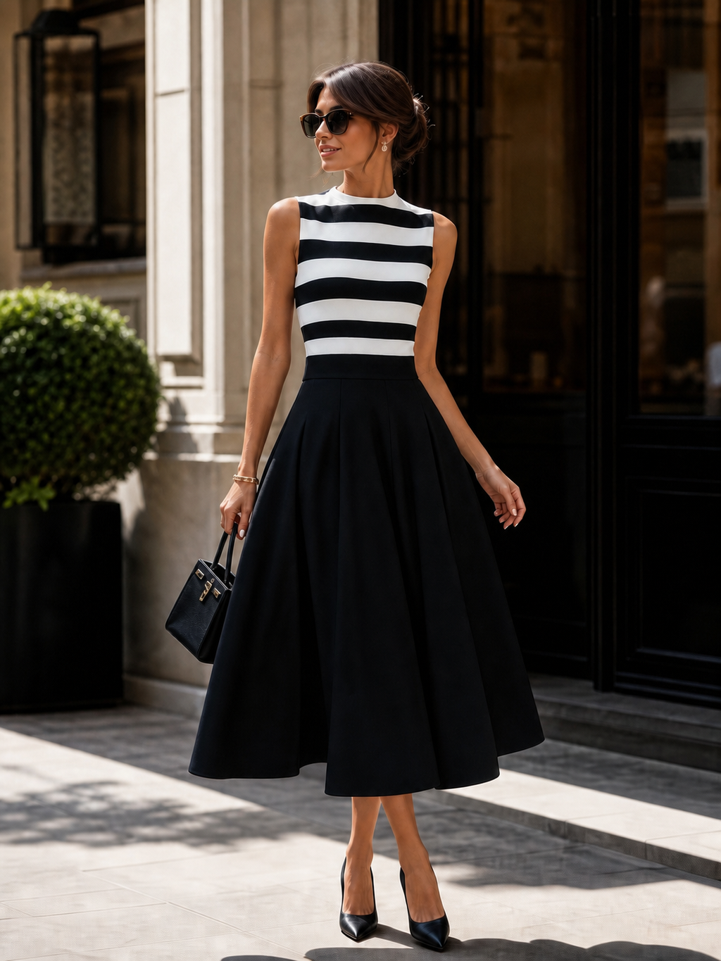 Vestido midi elegante de corte A, sin mangas, a rayas, con bolsillos