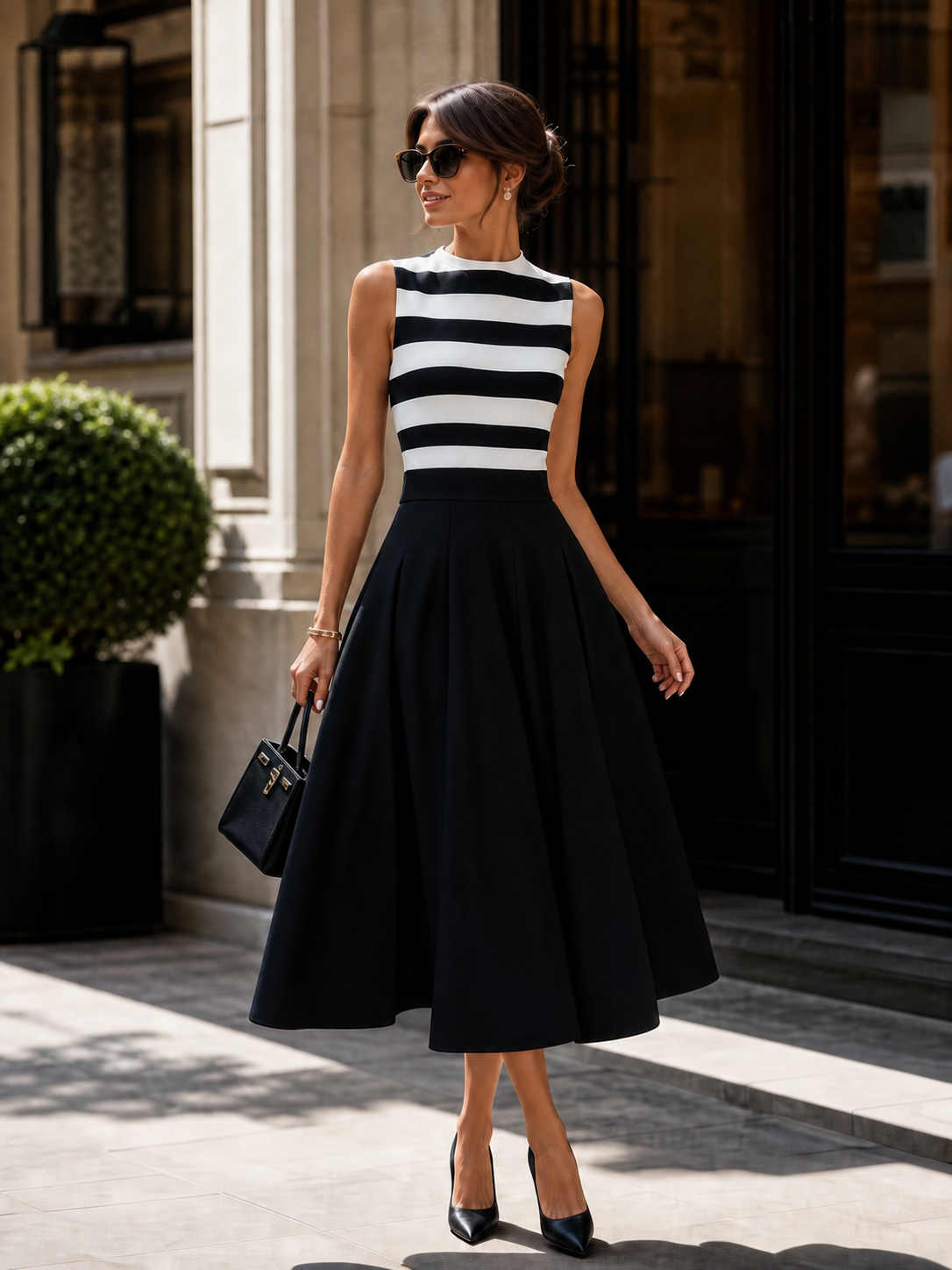 Vestido midi elegante de corte A, sin mangas, a rayas, con bolsillos