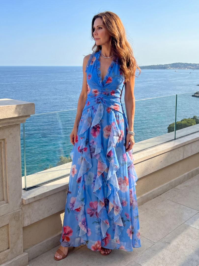 Nori | Vestido Maxi Halter con Cuerpo Fruncido y Estampado Floral