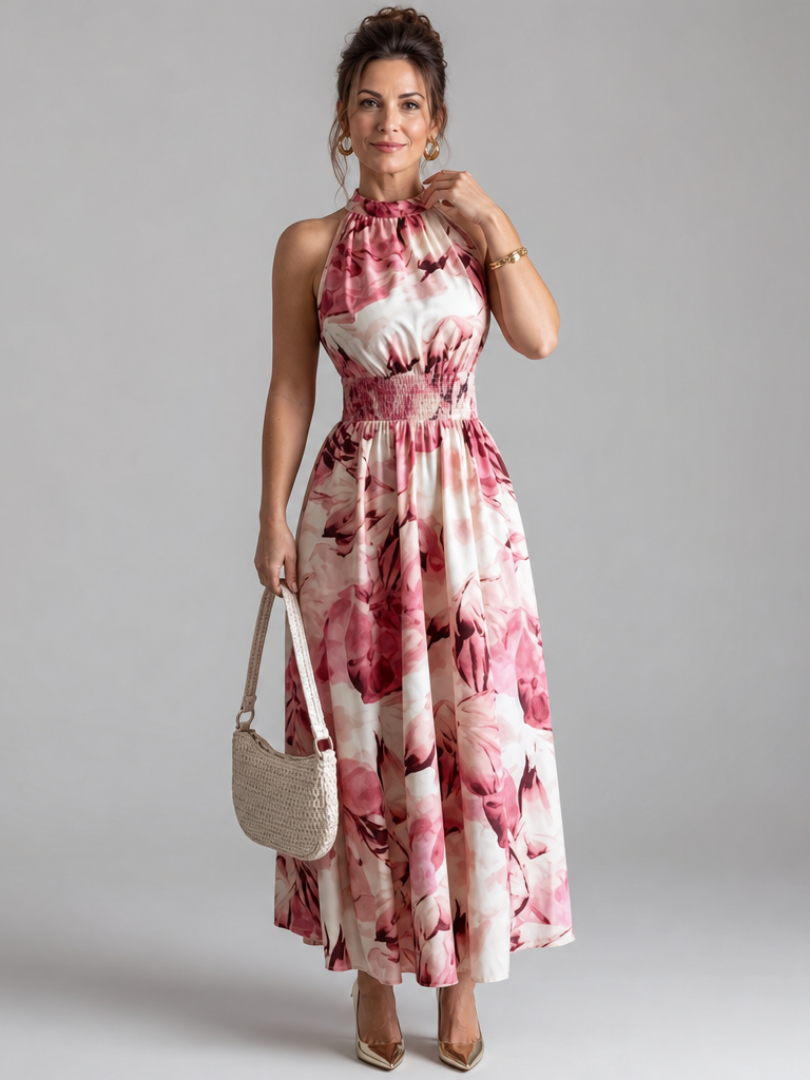 Olivia | Vestido Midi Estampado Abstracto con Cintura Fruncida