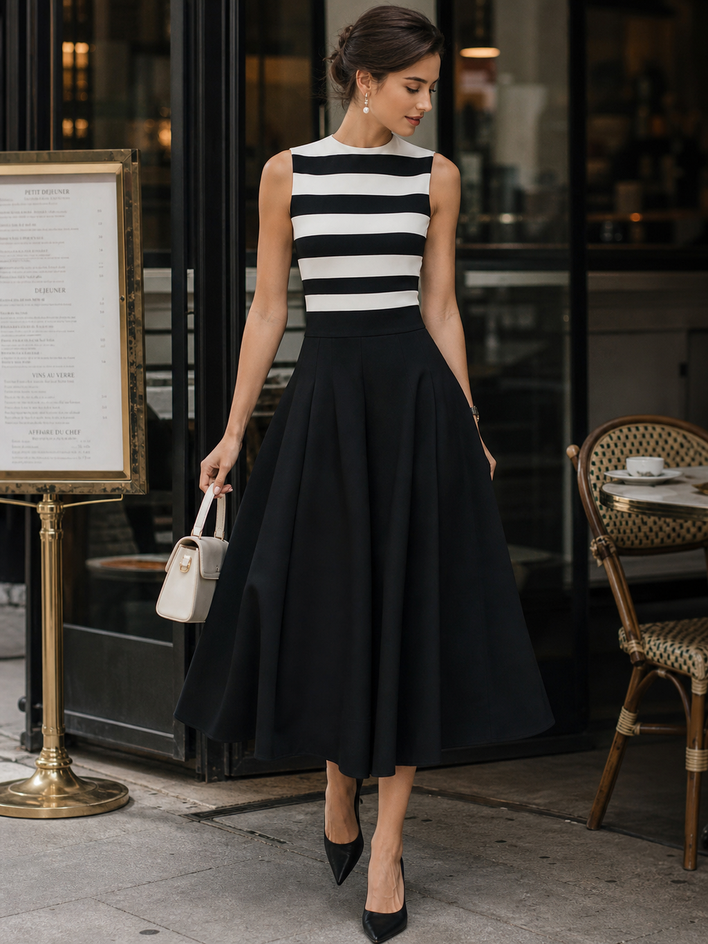 Vestido midi elegante de corte A, sin mangas, a rayas, con bolsillos