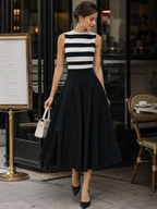 Vestido midi elegante de corte A, sin mangas, a rayas, con bolsillos