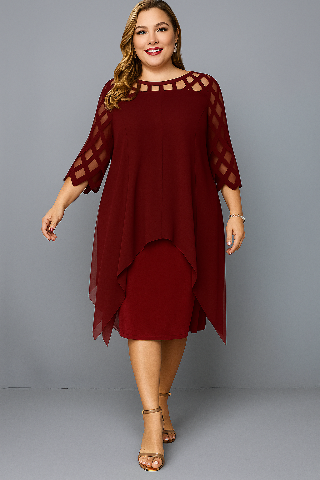 Evelyn™ | Vestido Elegante con Mangas de Encaje y Efecto Disimulador de Tripa