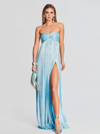 Elegante vestido largo palabra de honor de invitada de boda plisado con abertura alta | Maxi