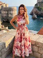 Olivia | Vestido Midi Estampado Abstracto con Cintura Fruncida