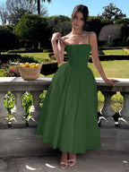 Elegante vestido de invitada de boda con corsé y escote favorecedor de fiesta | Midi