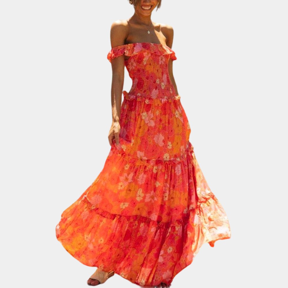 Elegante vestido largo floral de invitada de boda y fiesta en naranja | Maxi