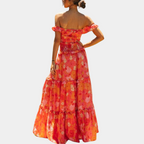 Elegante vestido largo floral de invitada de boda y fiesta en naranja | Maxi