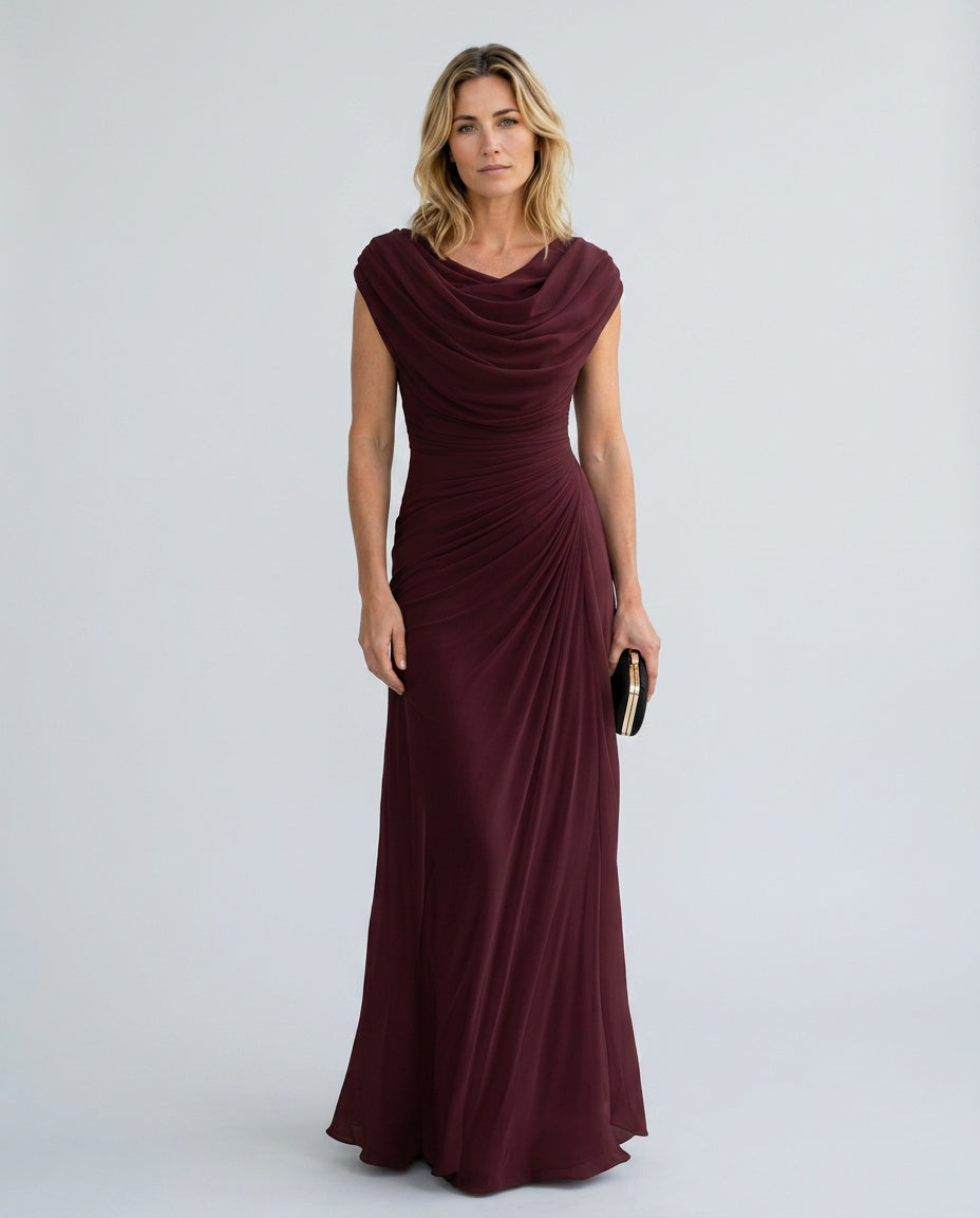 Vestido largo drapeado de invitada con cintura marcada para mujer