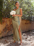 Elegante vestido de fiesta de invitada de boda con un hombro y abertura lateral | Maxi