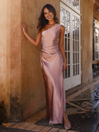 Elegante vestido de fiesta de invitada de boda con un hombro y abertura lateral | Maxi