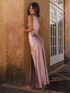 Elegante vestido de fiesta de invitada de boda con un hombro y abertura lateral | Maxi